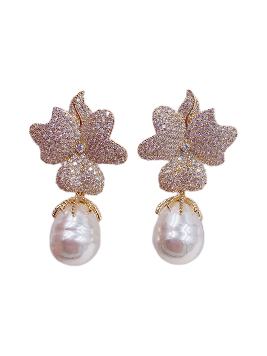 Elizabeth Floral Embellished Golden Pearl Drops